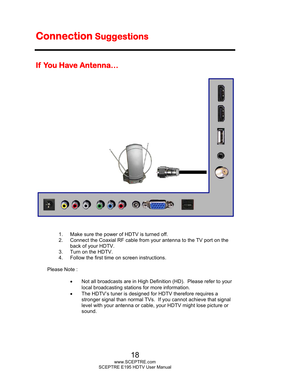 Connection, Suggestions, If you have antenna | Sceptre E195BV-SMQR User Manual | Page 18 / 58