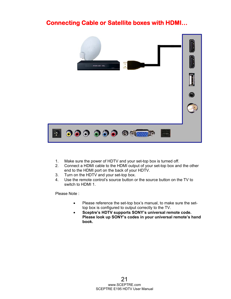 Connecting cable or satellite boxes with hdmi | Sceptre E195BV-SMQR User Manual | Page 21 / 58