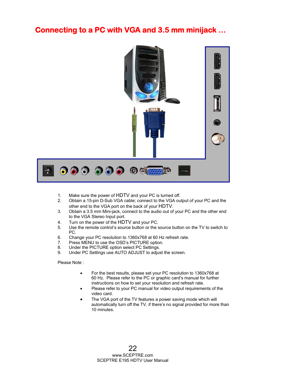 Connecting to a pc with vga and 3.5 mm minijack | Sceptre E195BV-SMQR User Manual | Page 22 / 58