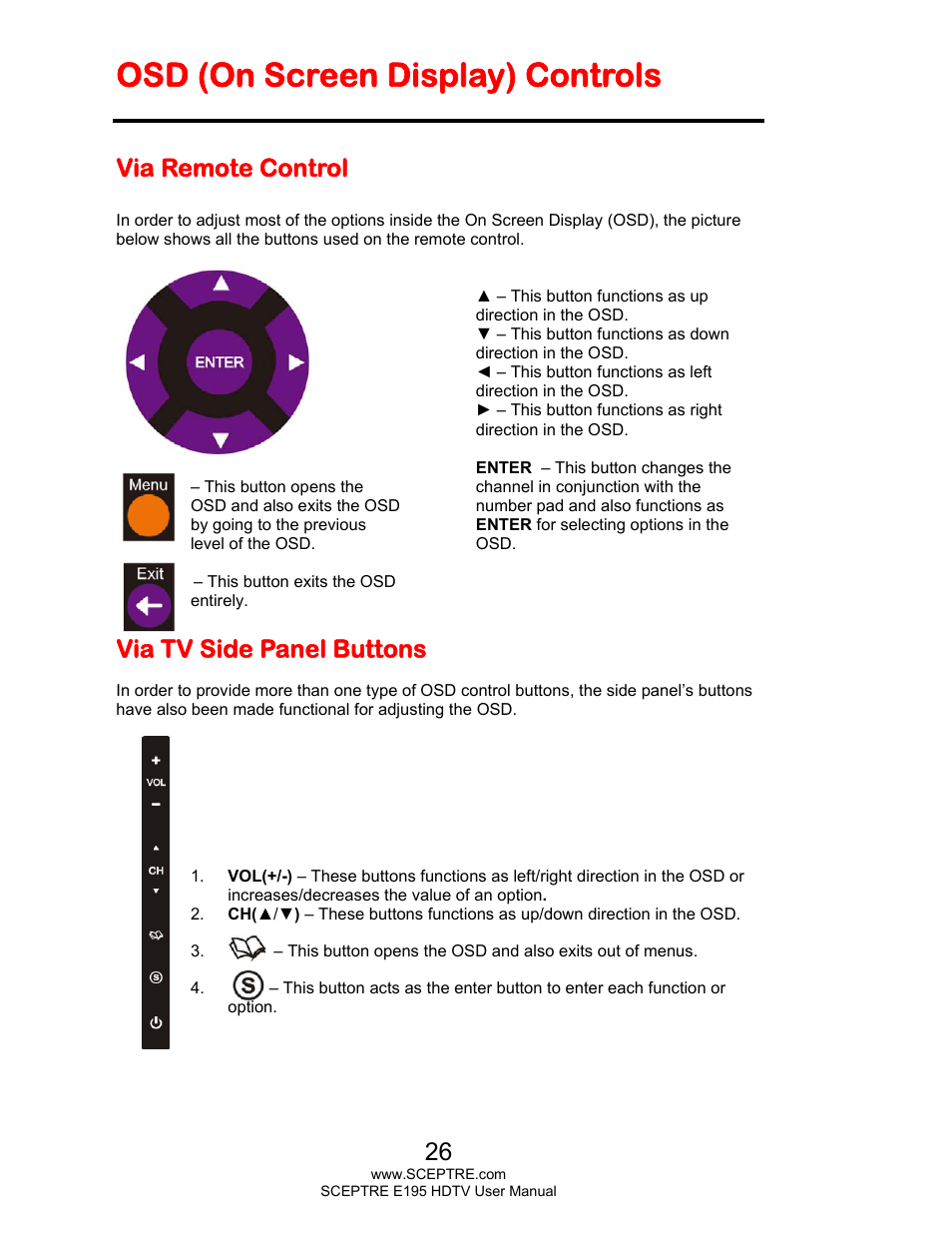 Osd (on screen display) controls, Via remote control, Via tv side panel buttons | Sceptre E195BV-SMQR User Manual | Page 26 / 58