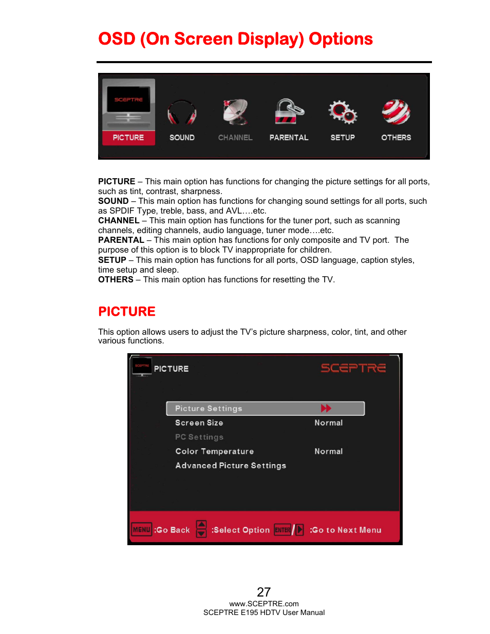 Osd (on screen display) options, Picture | Sceptre E195BV-SMQR User Manual | Page 27 / 58