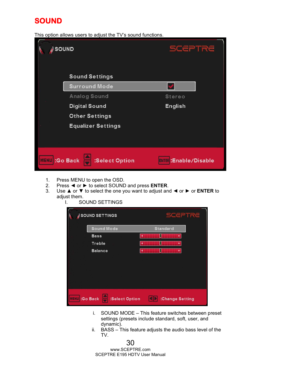 Sound | Sceptre E195BV-SMQR User Manual | Page 30 / 58