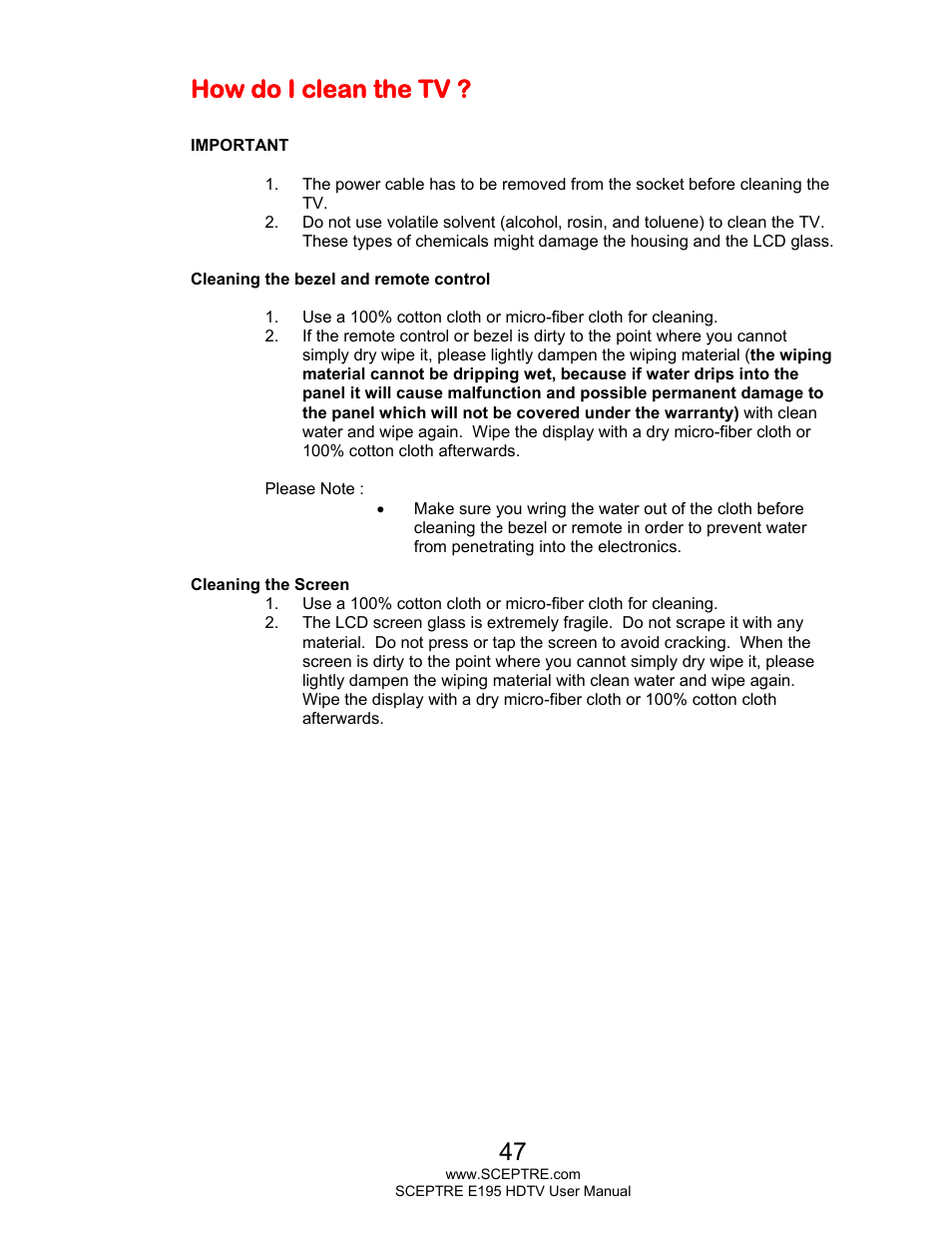 How do i clean the tv | Sceptre E195BV-SMQR User Manual | Page 47 / 58