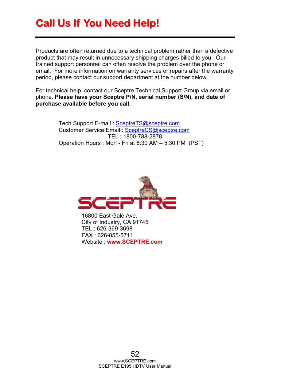 Call us if you need help | Sceptre E195BV-SMQR User Manual | Page 52 / 58