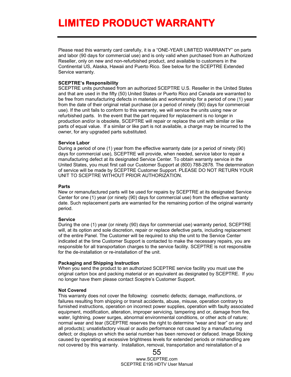 Limited product warranty | Sceptre E195BV-SMQR User Manual | Page 55 / 58
