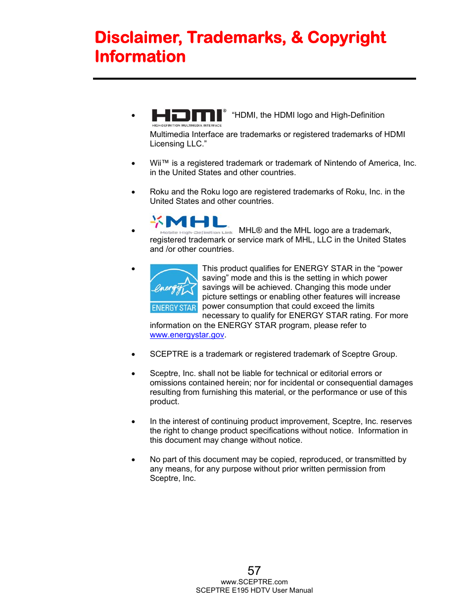 Disclaimer, trademarks, & copyright information | Sceptre E195BV-SMQR User Manual | Page 57 / 58