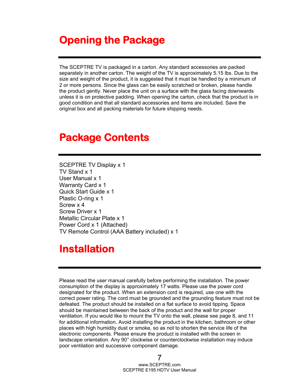Opening the package, Package contents, Installation | Sceptre E195BV-SMQR User Manual | Page 7 / 58