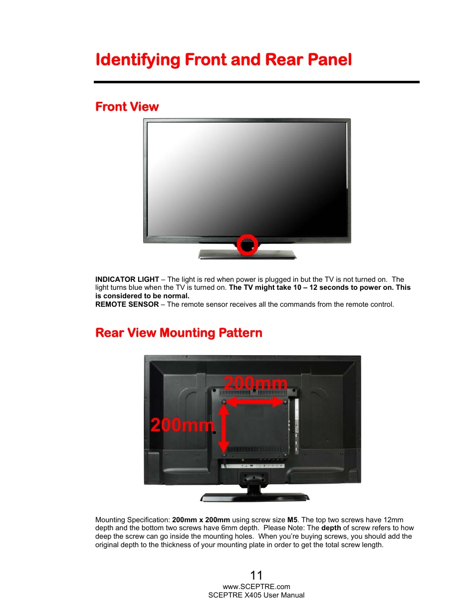 Identifying front and rear panel, Front view, Rear view mounting pattern | Sceptre X405BV-FHDR User Manual | Page 11 / 54