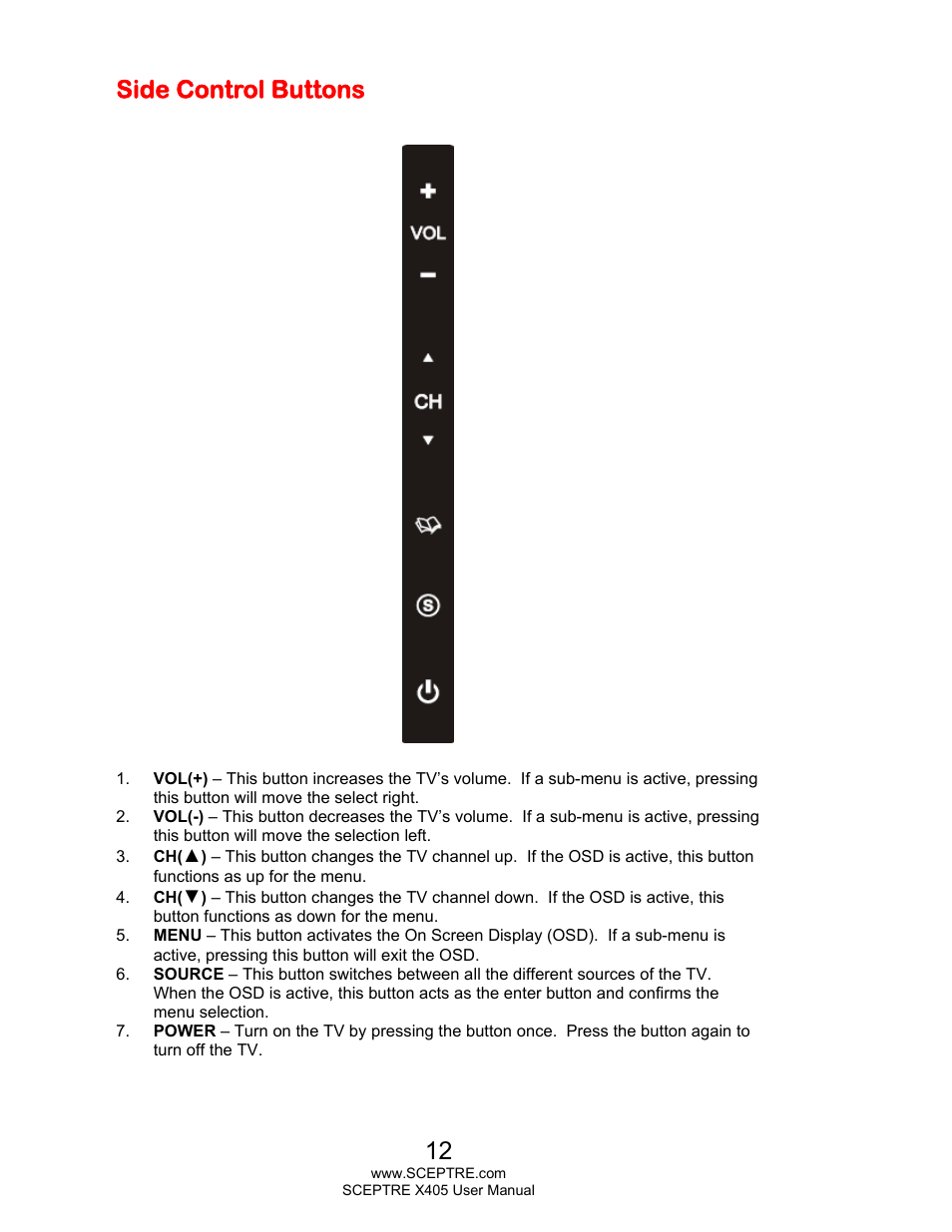 Side control buttons | Sceptre X405BV-FHDR User Manual | Page 12 / 54