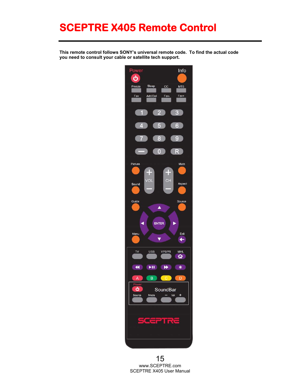 Sceptre x405 remote control | Sceptre X405BV-FHDR User Manual | Page 15 / 54