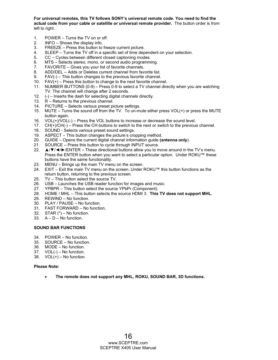 Sceptre X405BV-FHDR User Manual | Page 16 / 54