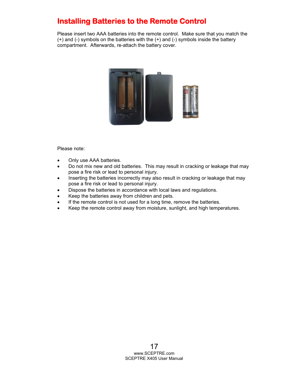 Installing batteries to the remote control | Sceptre X405BV-FHDR User Manual | Page 17 / 54