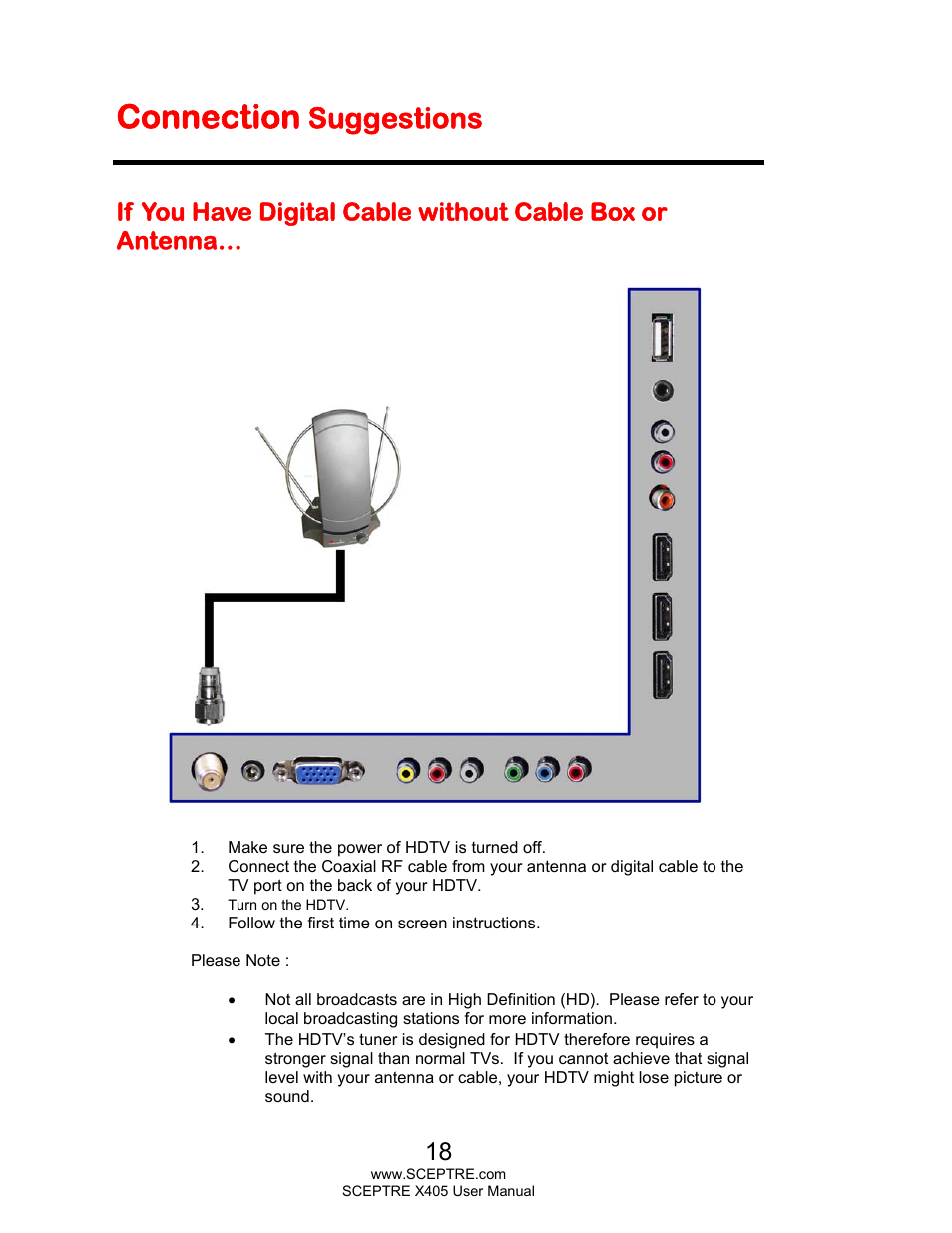 Connection, Suggestions | Sceptre X405BV-FHDR User Manual | Page 18 / 54