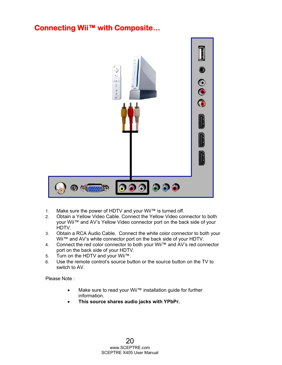 Connecting wii™ with composite | Sceptre X405BV-FHDR User Manual | Page 20 / 54