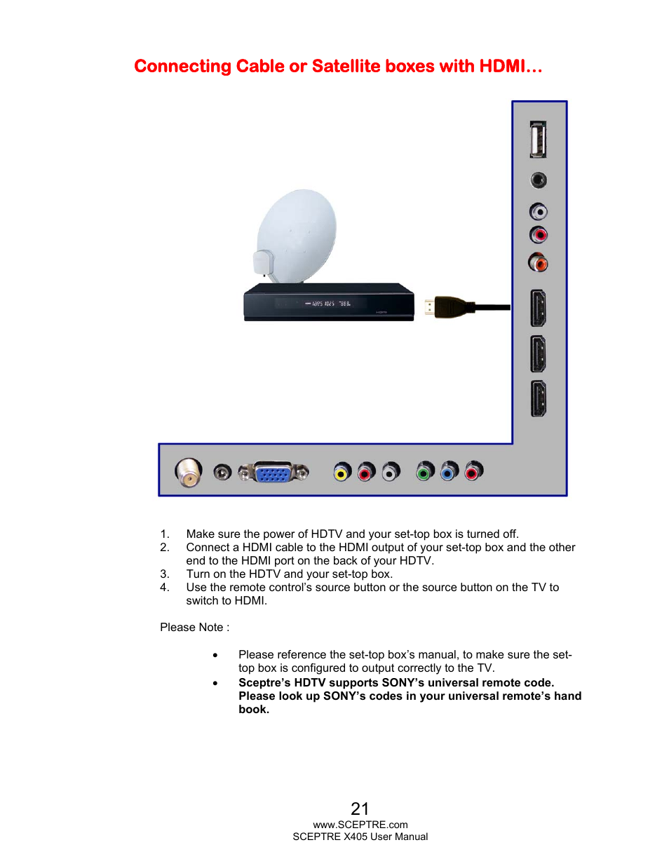 Connecting cable or satellite boxes with hdmi | Sceptre X405BV-FHDR User Manual | Page 21 / 54