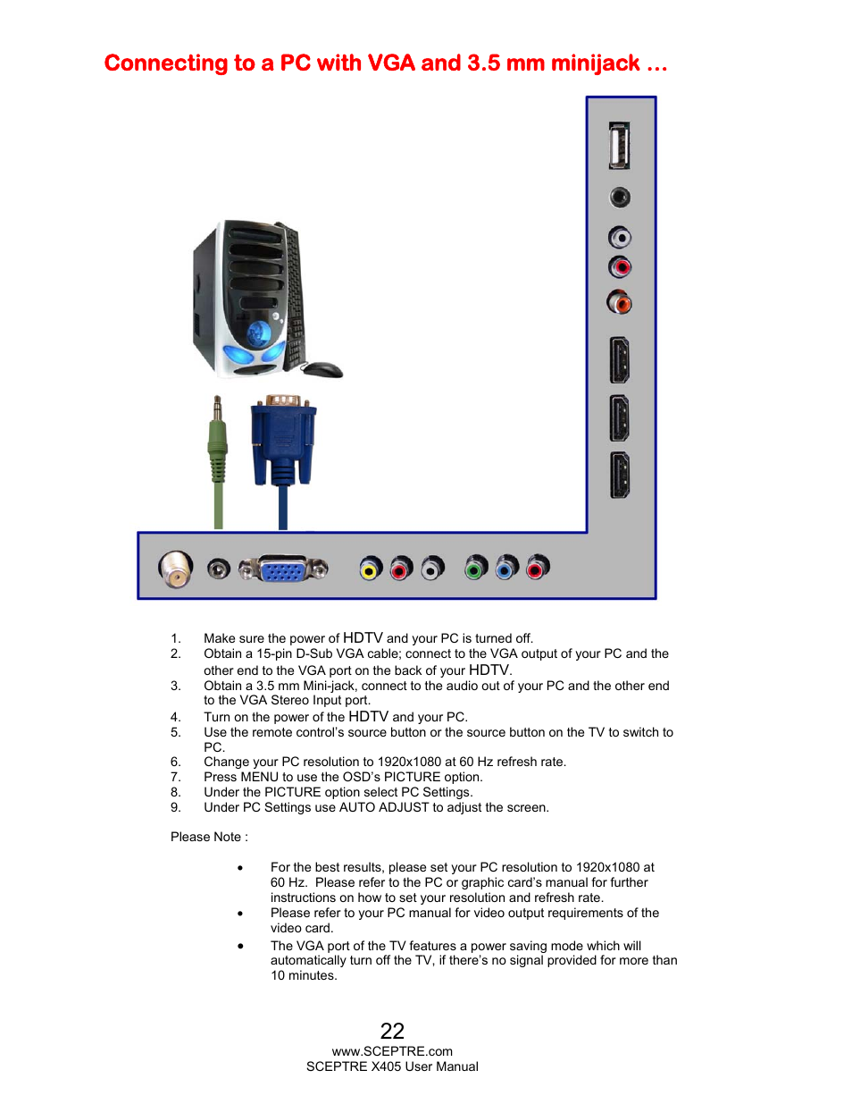 Connecting to a pc with vga and 3.5 mm minijack | Sceptre X405BV-FHDR User Manual | Page 22 / 54