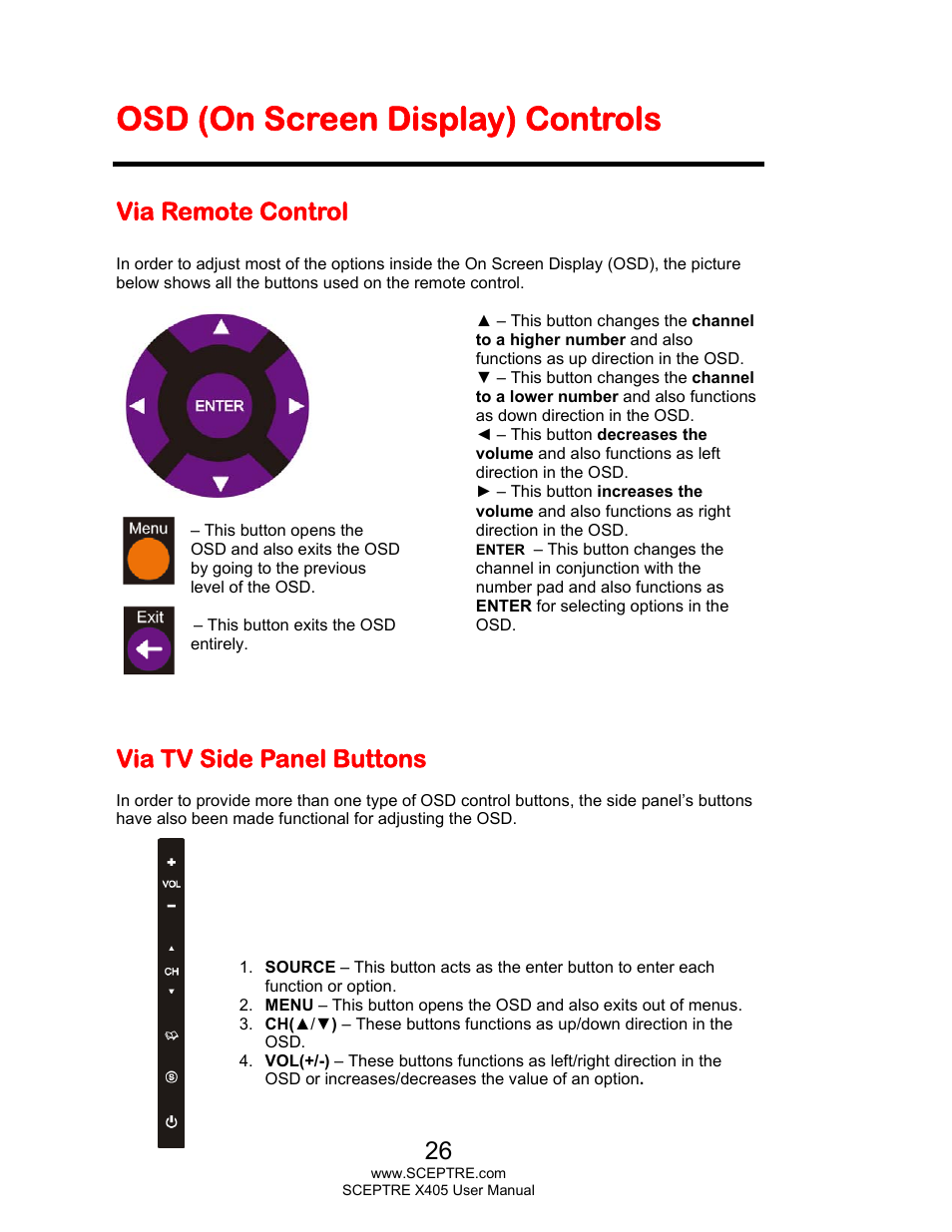Osd (on screen display) controls, Via remote control, Via tv side panel buttons | Sceptre X405BV-FHDR User Manual | Page 26 / 54