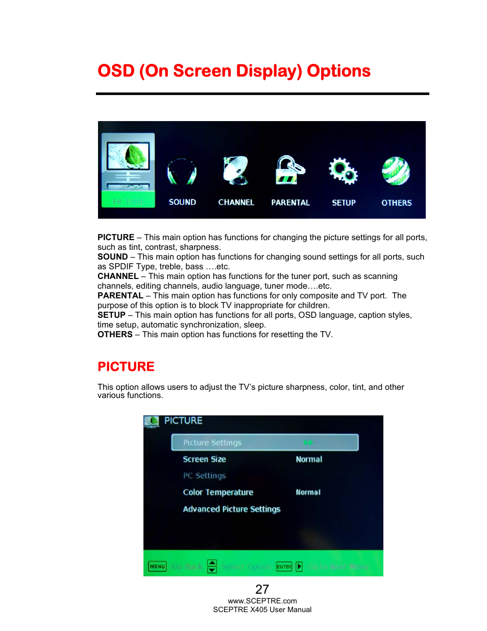 Osd (on screen display) options, Picture | Sceptre X405BV-FHDR User Manual | Page 27 / 54