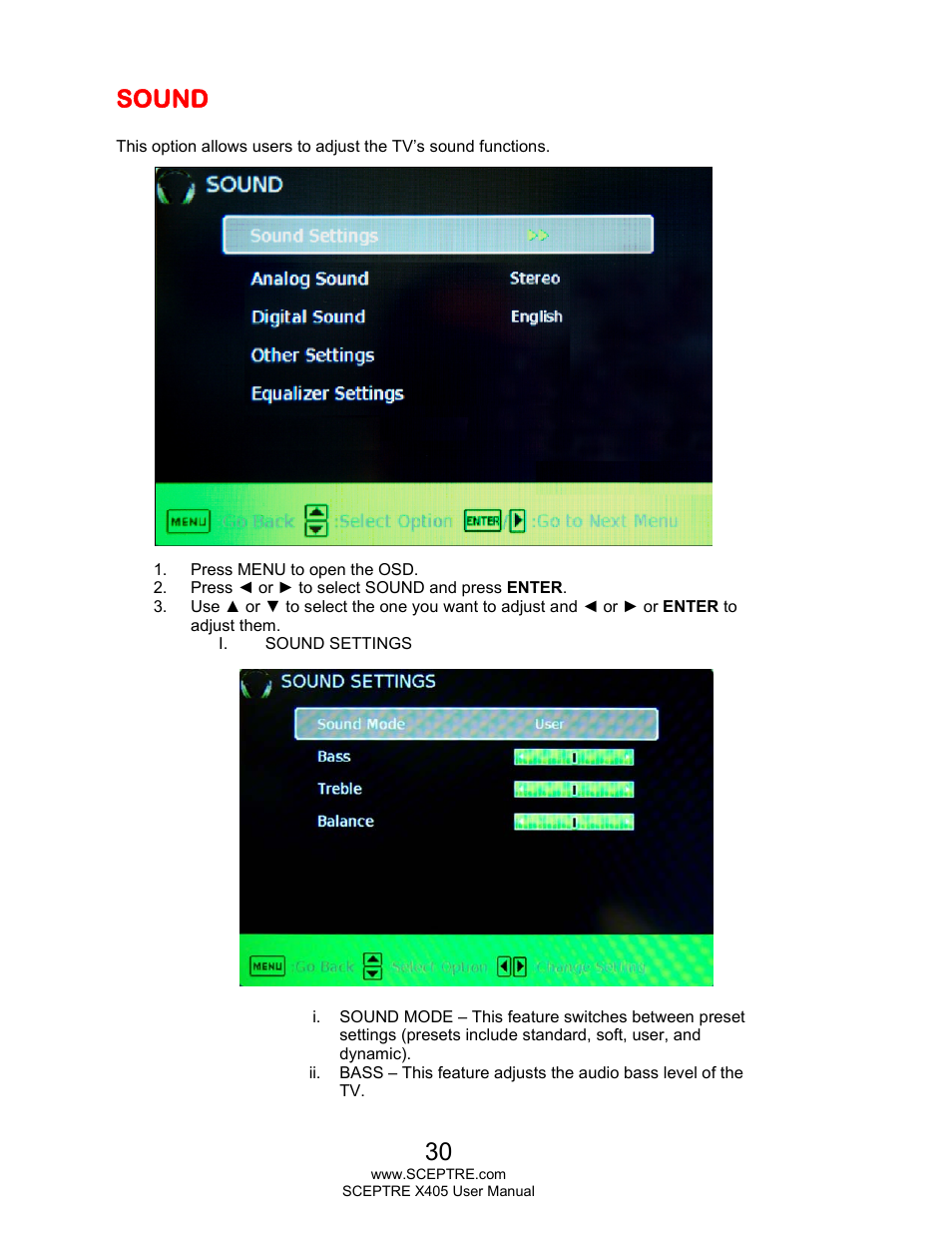 Sound | Sceptre X405BV-FHDR User Manual | Page 30 / 54