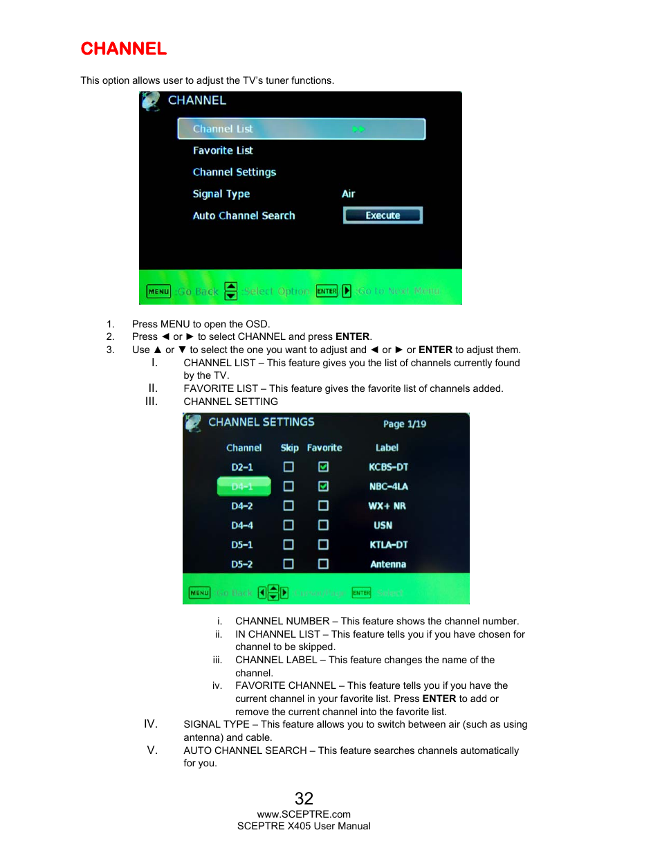 Channel | Sceptre X405BV-FHDR User Manual | Page 32 / 54