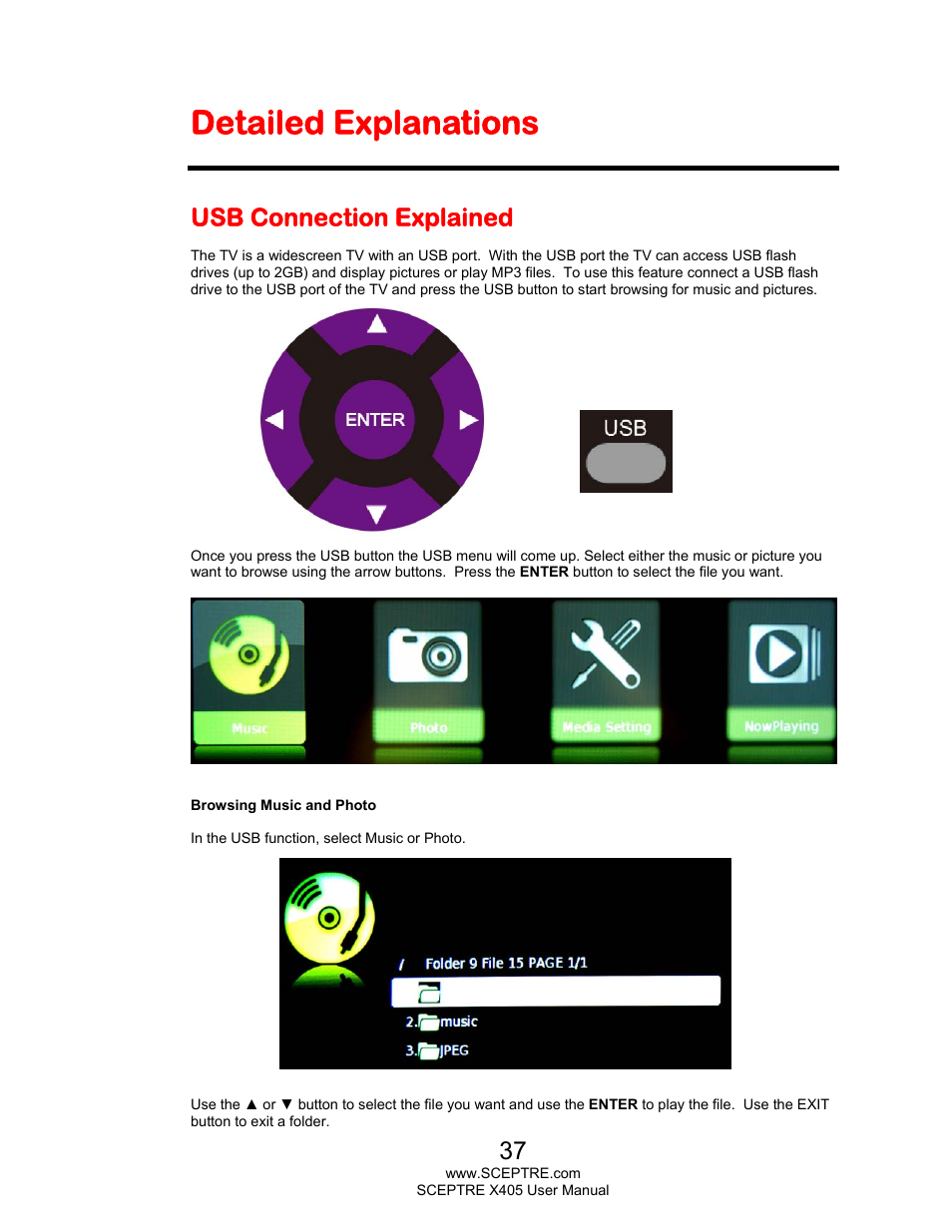 Detailed explanations, Usb connection explained | Sceptre X405BV-FHDR User Manual | Page 37 / 54