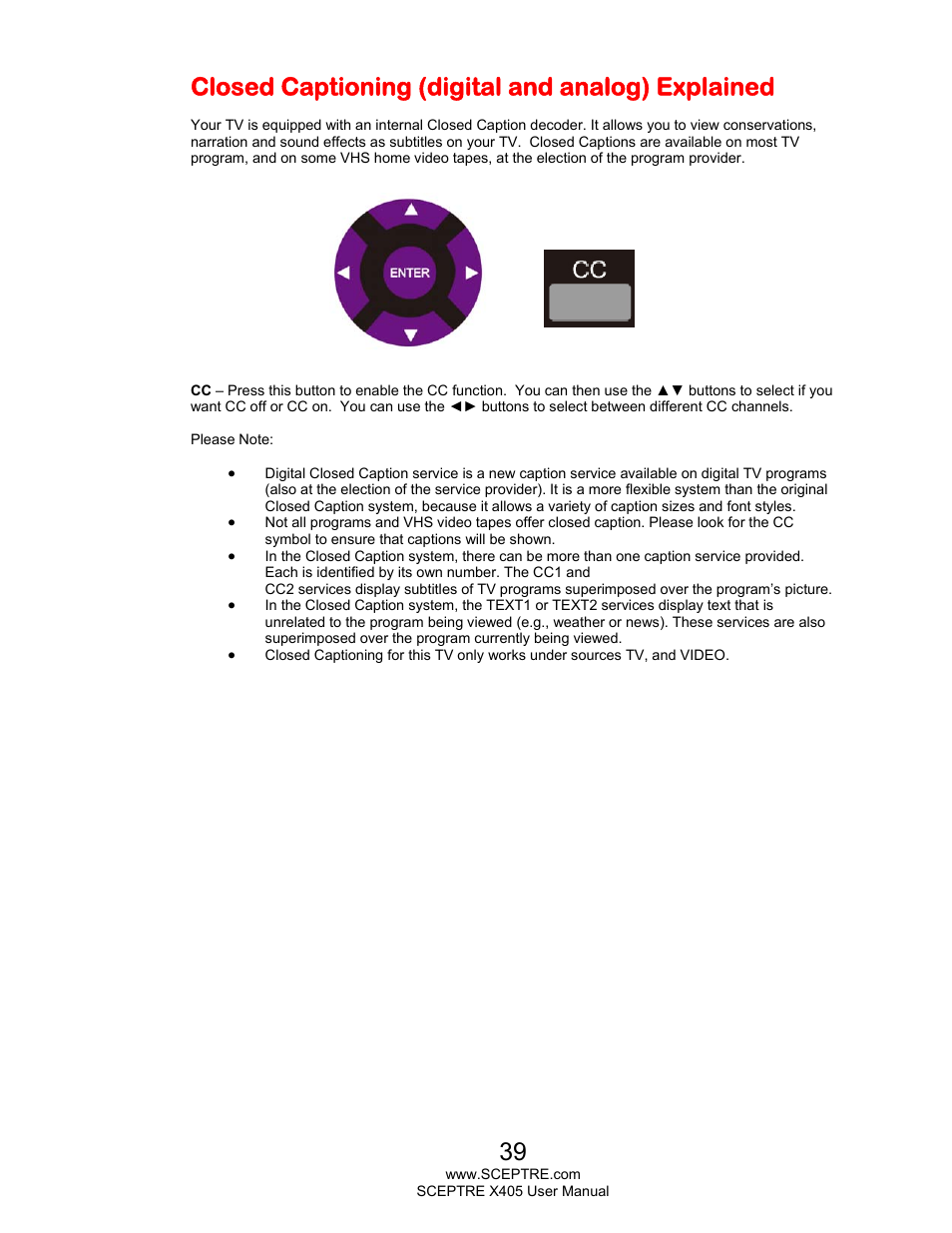 Closed captioning (digital and analog) explained | Sceptre X405BV-FHDR User Manual | Page 39 / 54