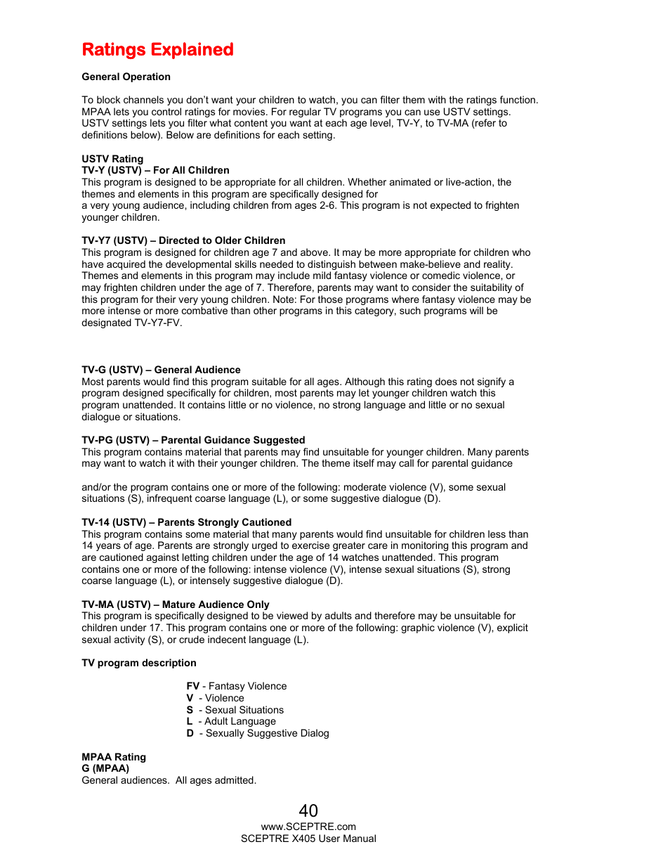 Ratings explained | Sceptre X405BV-FHDR User Manual | Page 40 / 54