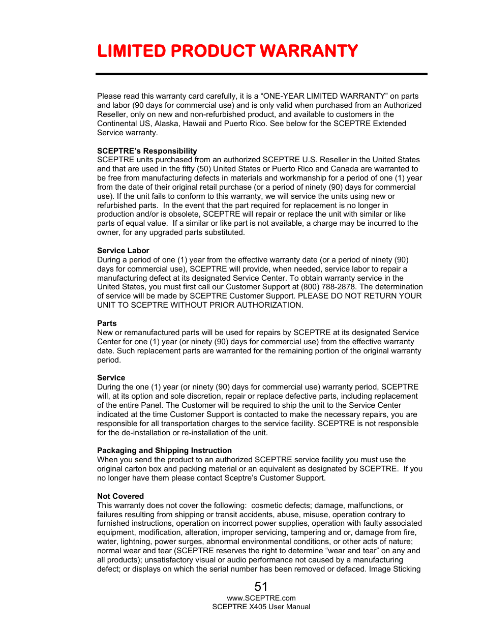 Limited product warranty | Sceptre X405BV-FHDR User Manual | Page 51 / 54