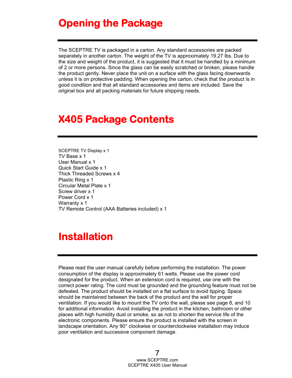 Opening the package, X405 package contents, Installation | Sceptre X405BV-FHDR User Manual | Page 7 / 54