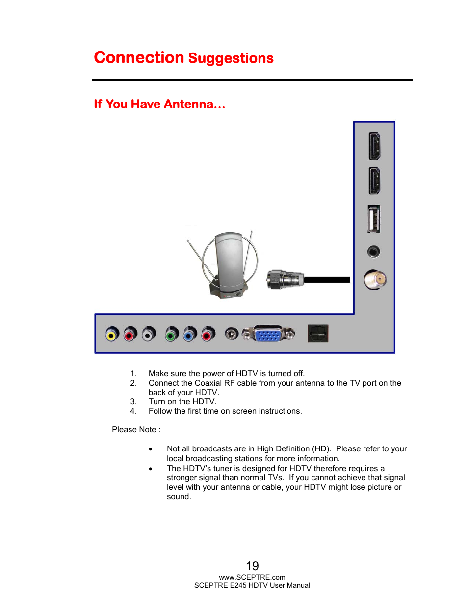 Connection, Suggestions, If you have antenna | Sceptre E245BD-FMQR User Manual | Page 19 / 65