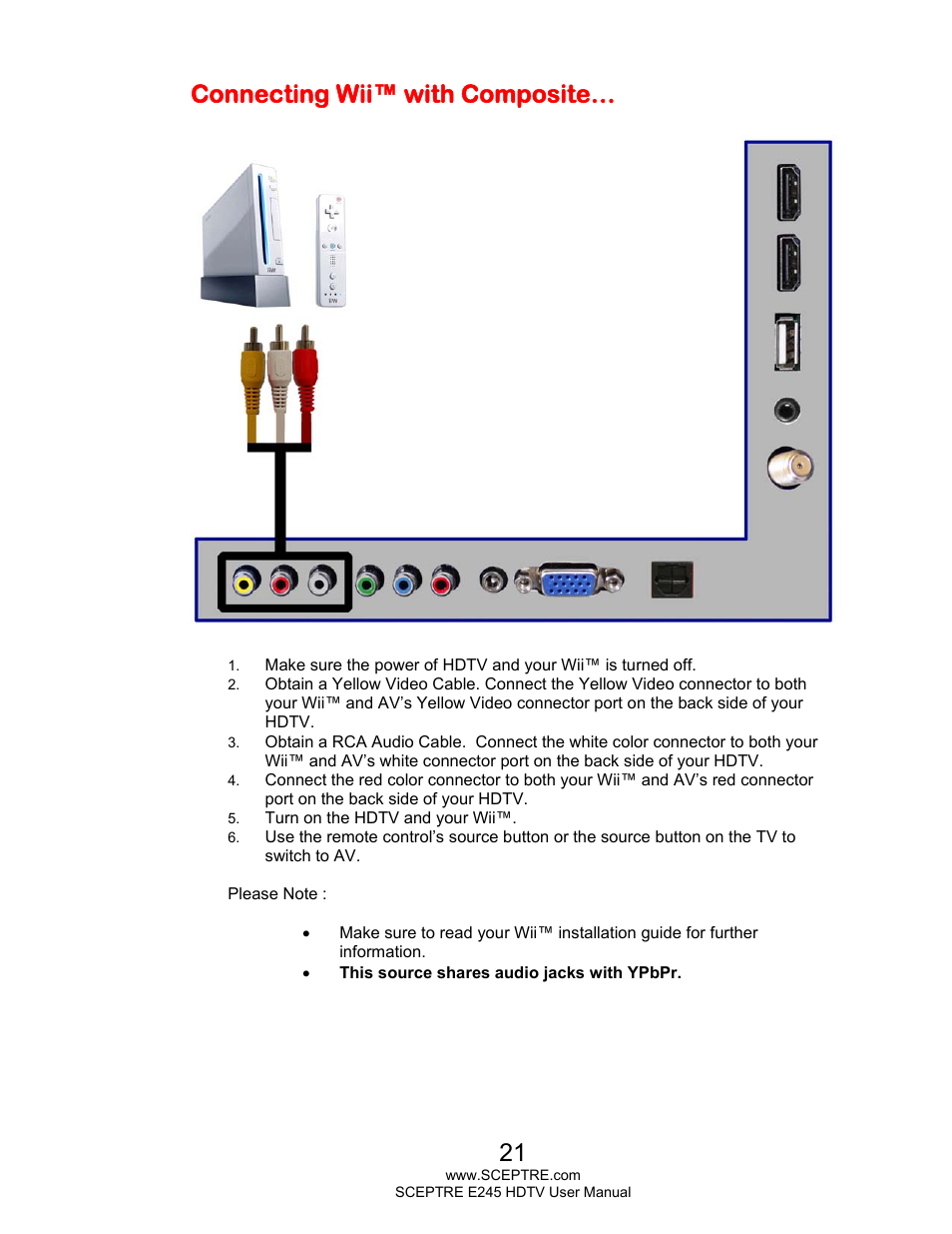 Connecting wii™ with composite | Sceptre E245BD-FMQR User Manual | Page 21 / 65