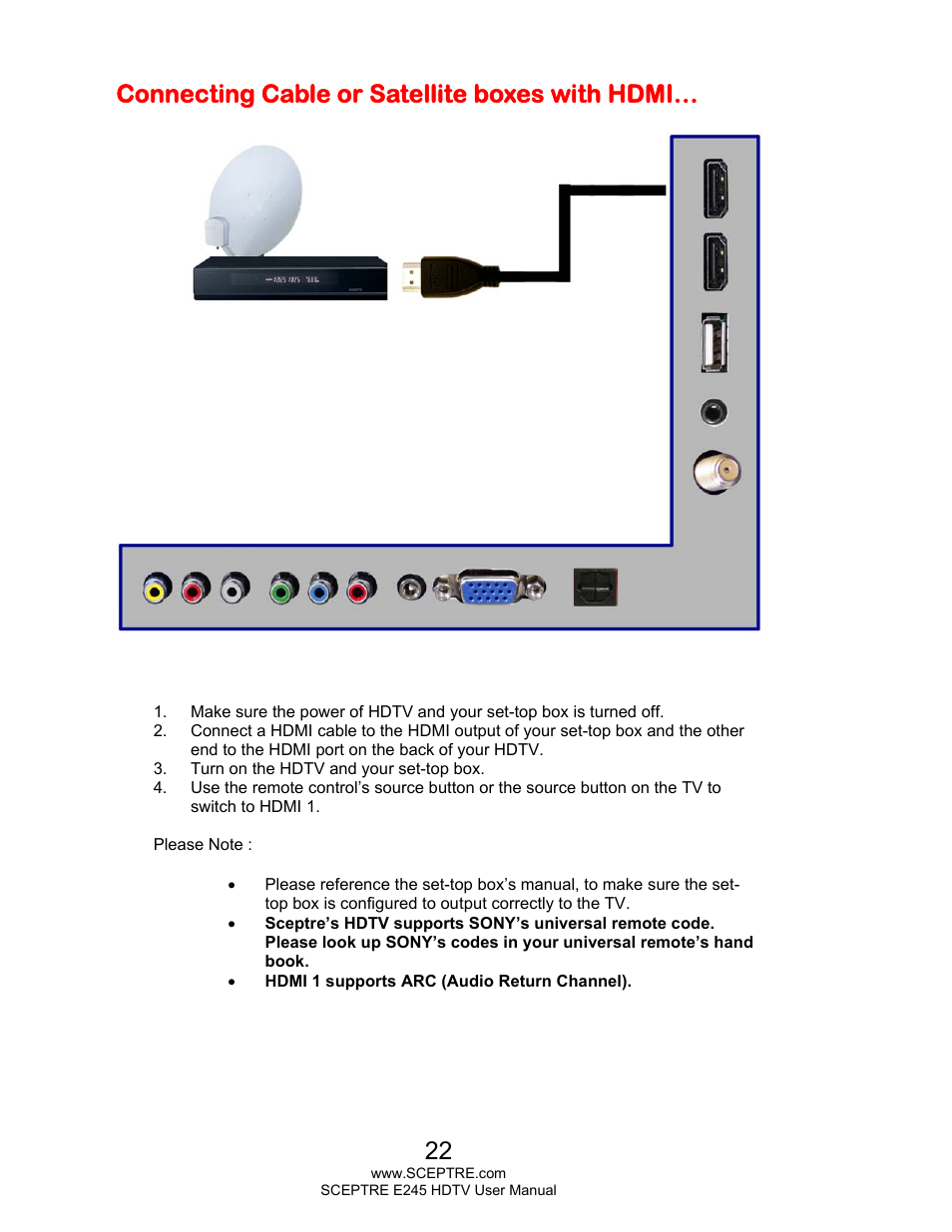 Connecting cable or satellite boxes with hdmi | Sceptre E245BD-FMQR User Manual | Page 22 / 65