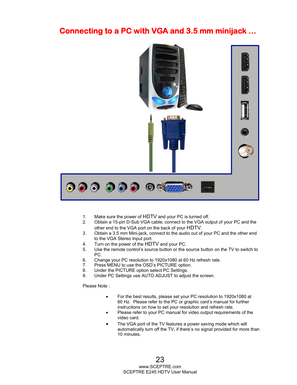 Connecting to a pc with vga and 3.5 mm minijack | Sceptre E245BD-FMQR User Manual | Page 23 / 65