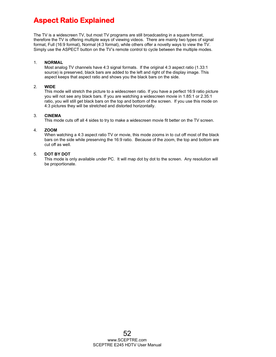 Aspect ratio explained | Sceptre E245BD-FMQR User Manual | Page 52 / 65
