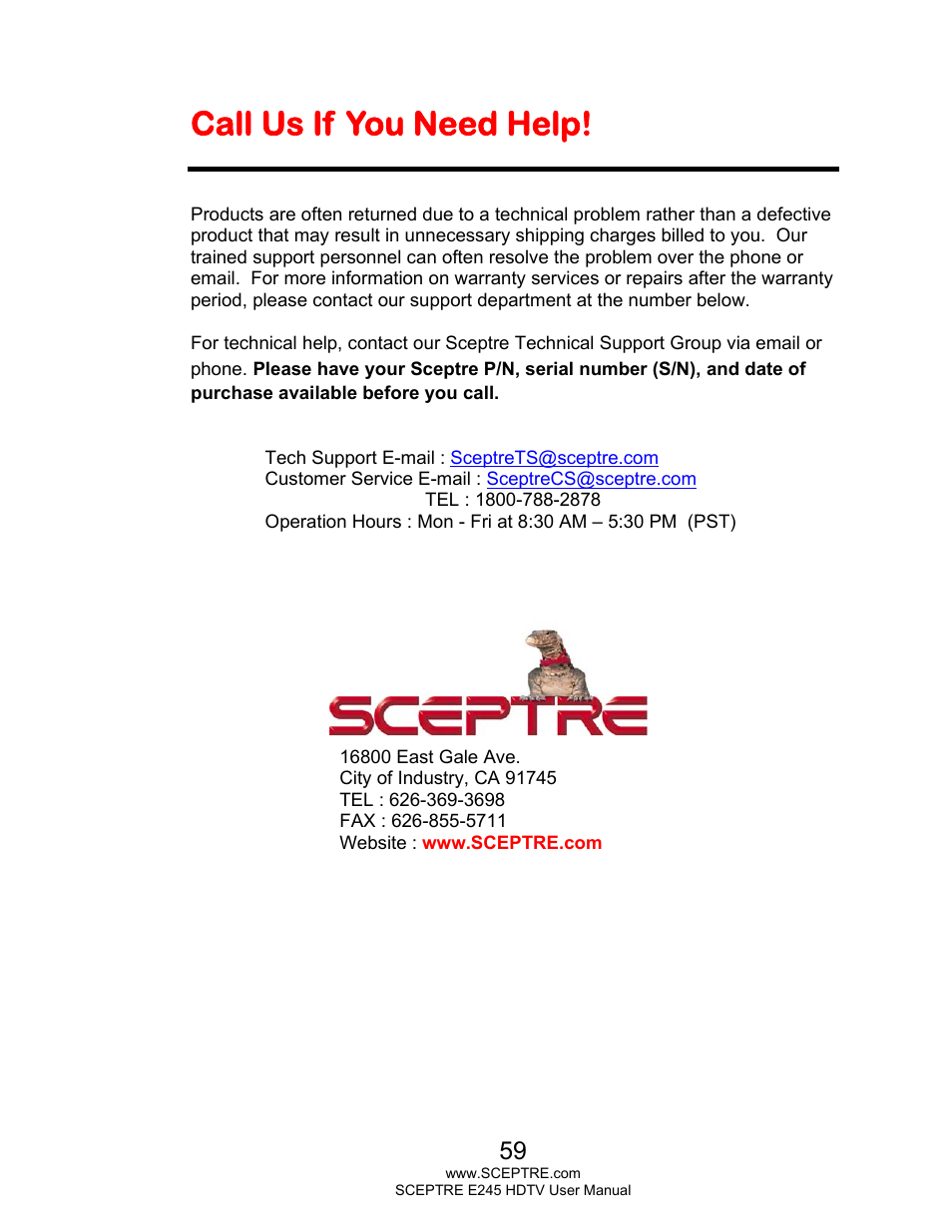 Call us if you need help | Sceptre E245BD-FMQR User Manual | Page 59 / 65