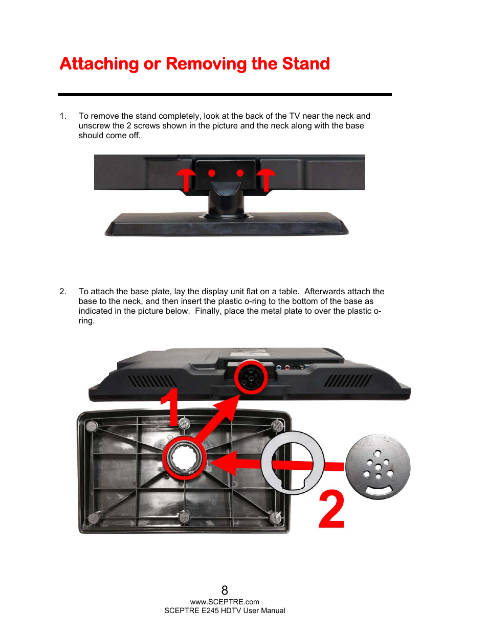 Attaching or removing the stand | Sceptre E245BD-FMQR User Manual | Page 8 / 65