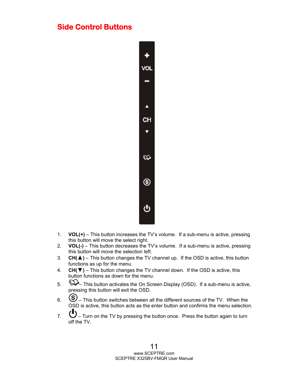 Side control buttons | Sceptre X325BV-FMQR User Manual | Page 11 / 56