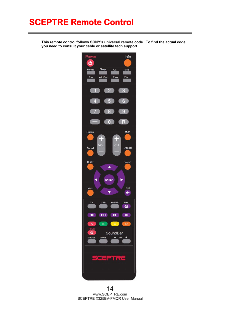Sceptre remote control | Sceptre X325BV-FMQR User Manual | Page 14 / 56