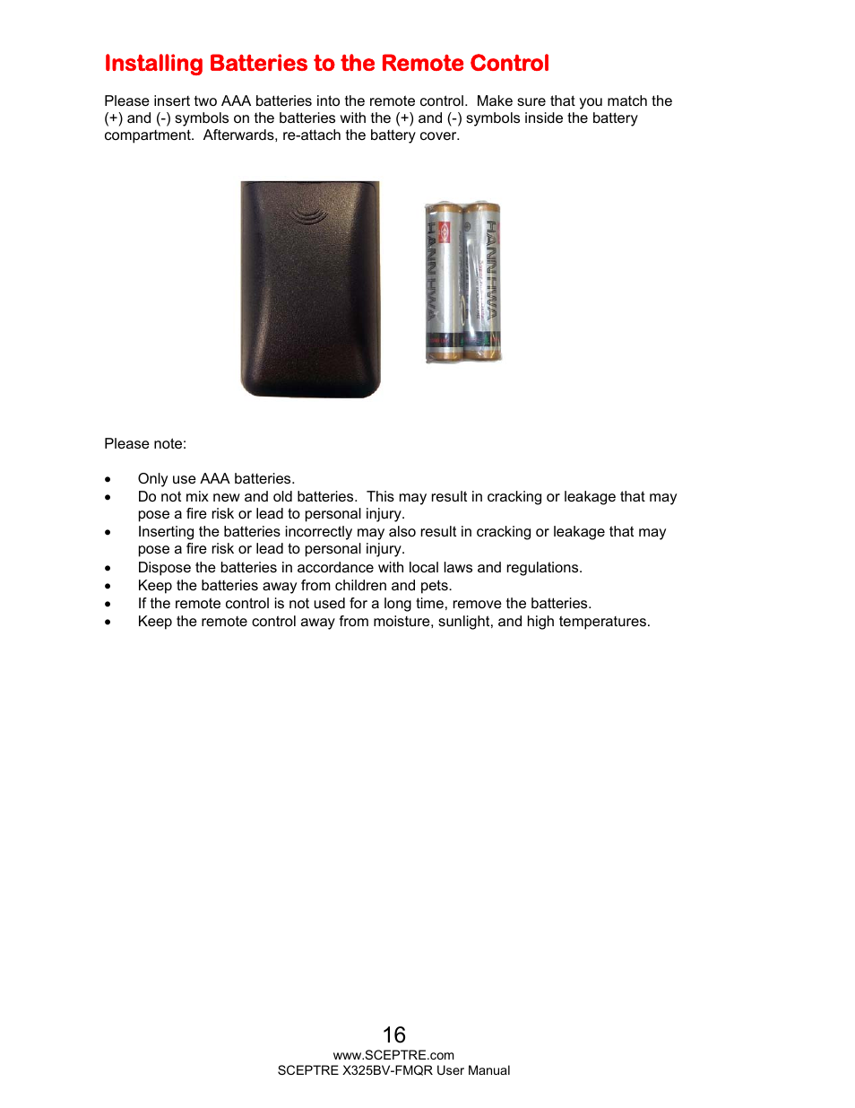 Installing batteries to the remote control | Sceptre X325BV-FMQR User Manual | Page 16 / 56