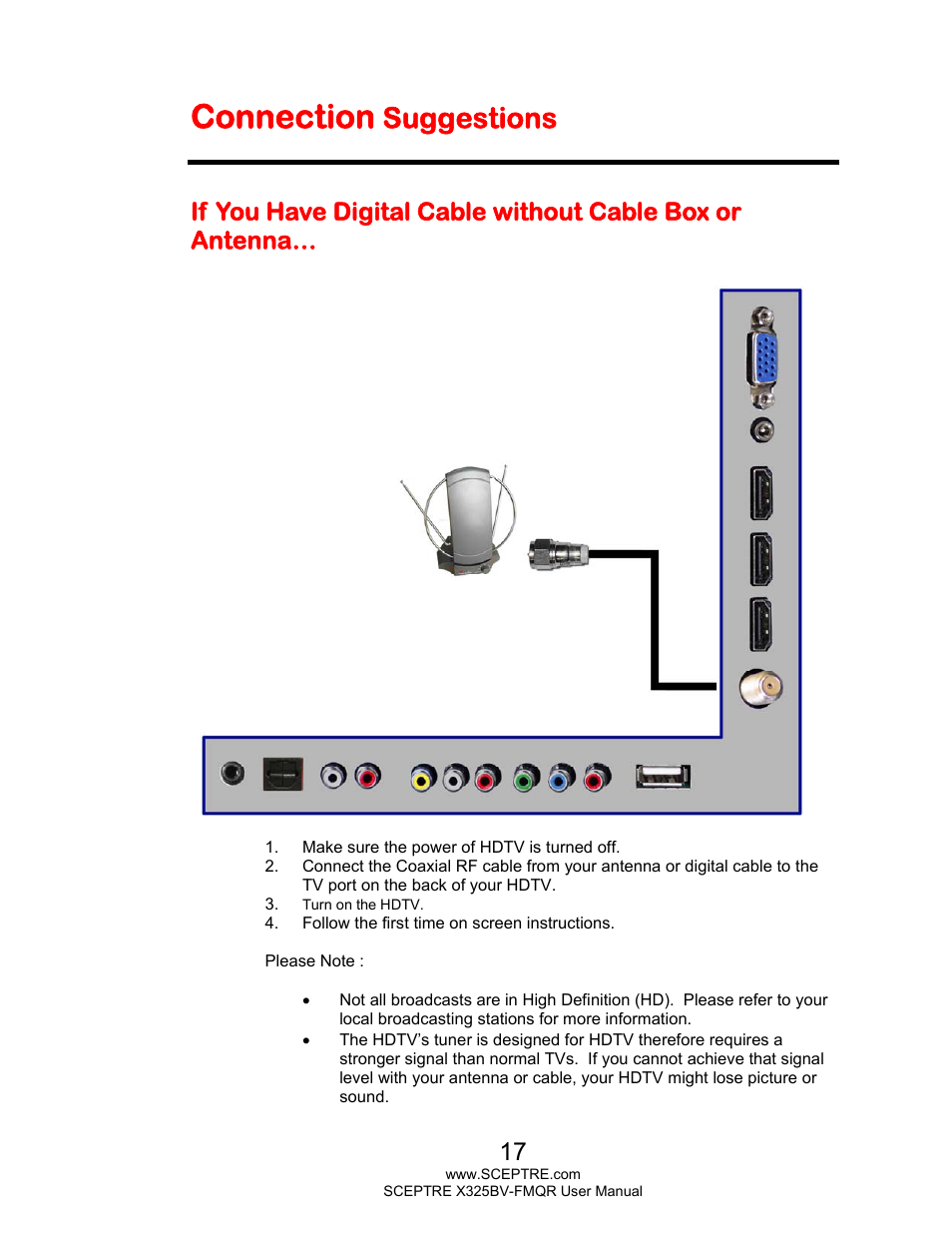 Connection, Suggestions | Sceptre X325BV-FMQR User Manual | Page 17 / 56