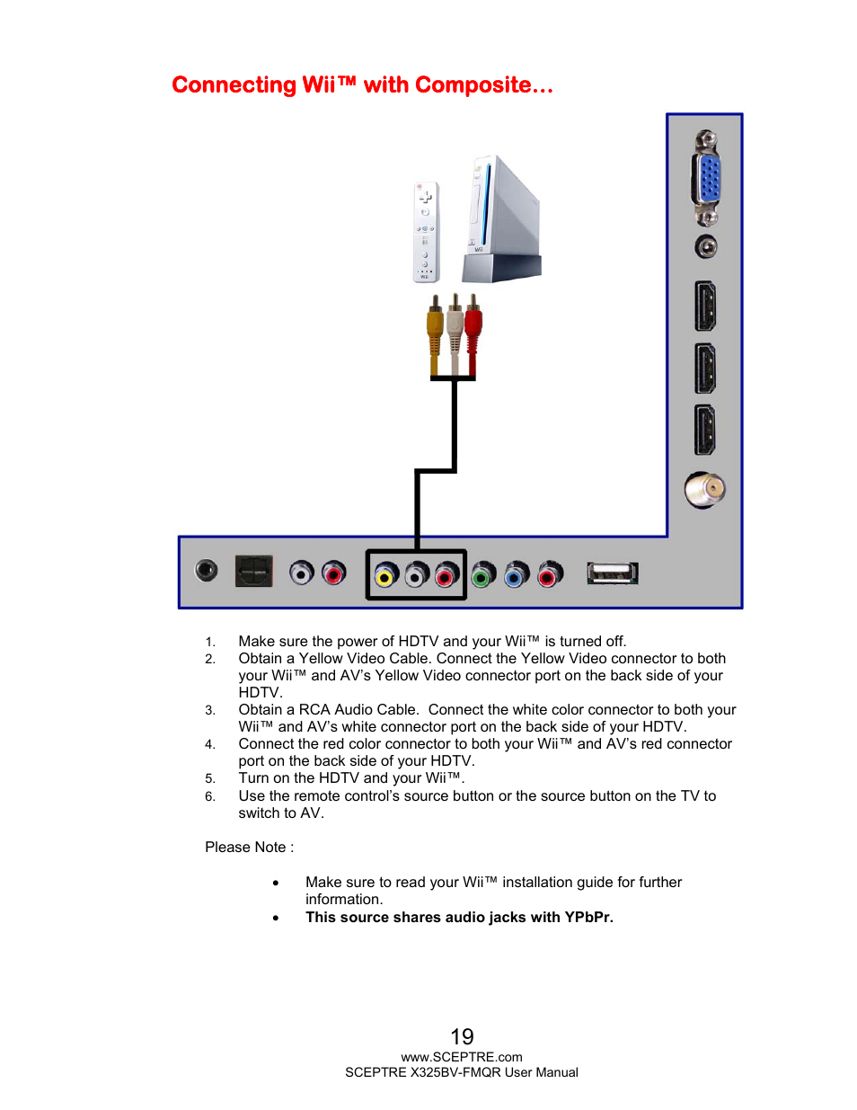 Connecting wii™ with composite | Sceptre X325BV-FMQR User Manual | Page 19 / 56