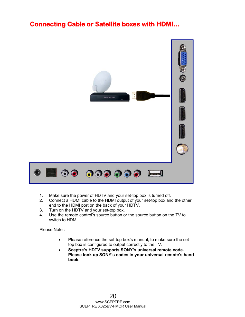 Connecting cable or satellite boxes with hdmi | Sceptre X325BV-FMQR User Manual | Page 20 / 56