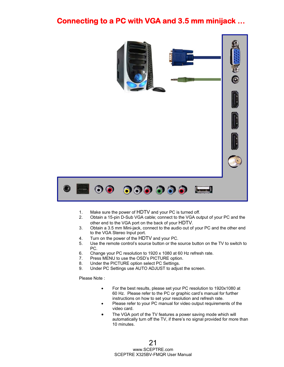 Connecting to a pc with vga and 3.5 mm minijack | Sceptre X325BV-FMQR User Manual | Page 21 / 56