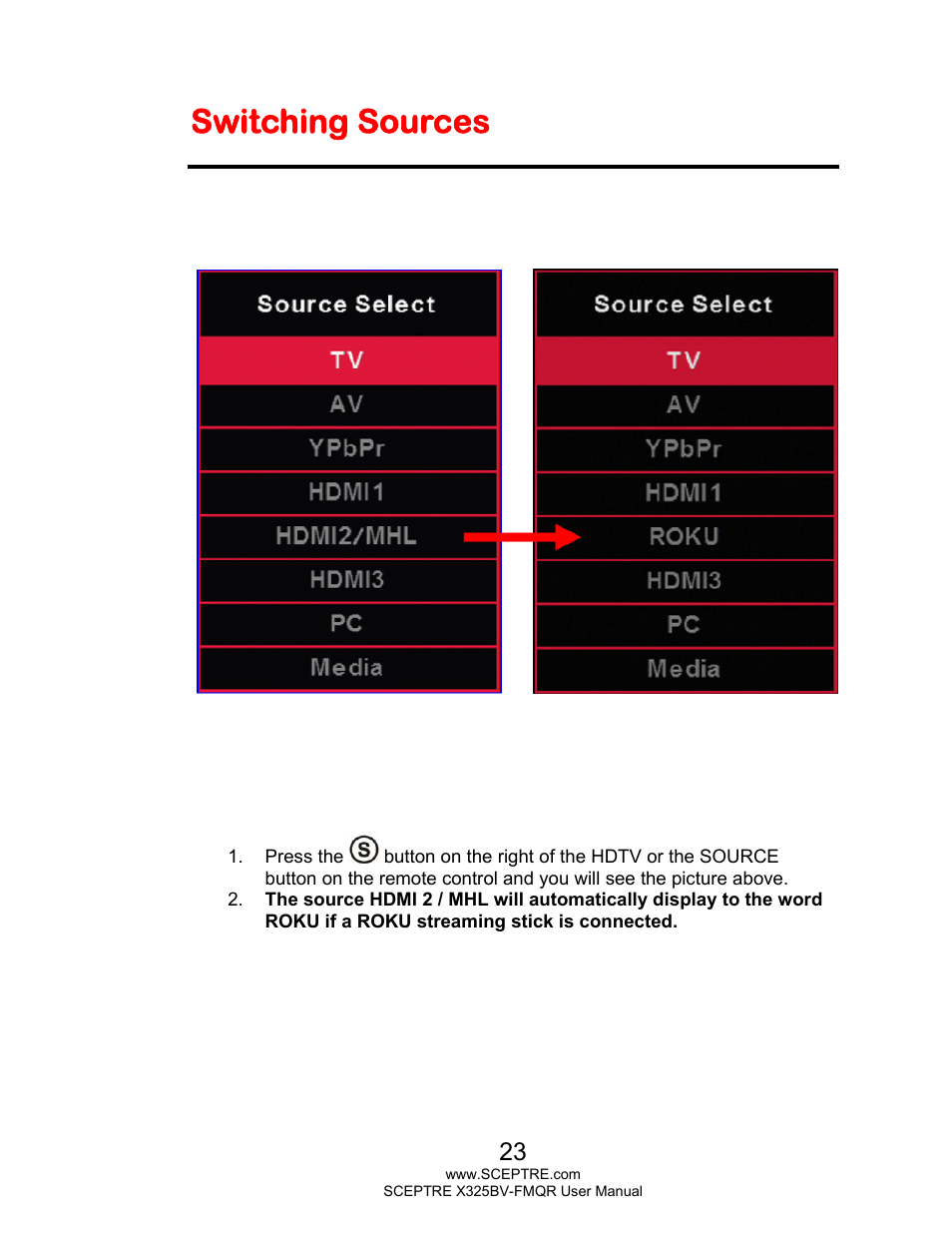 Switching sources | Sceptre X325BV-FMQR User Manual | Page 23 / 56