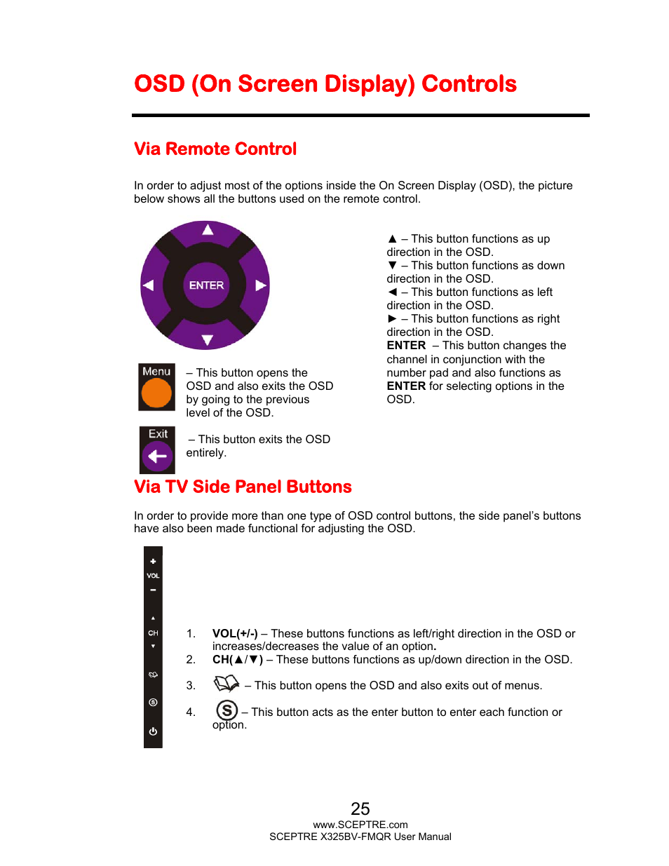Osd (on screen display) controls, Via remote control, Via tv side panel buttons | Sceptre X325BV-FMQR User Manual | Page 25 / 56
