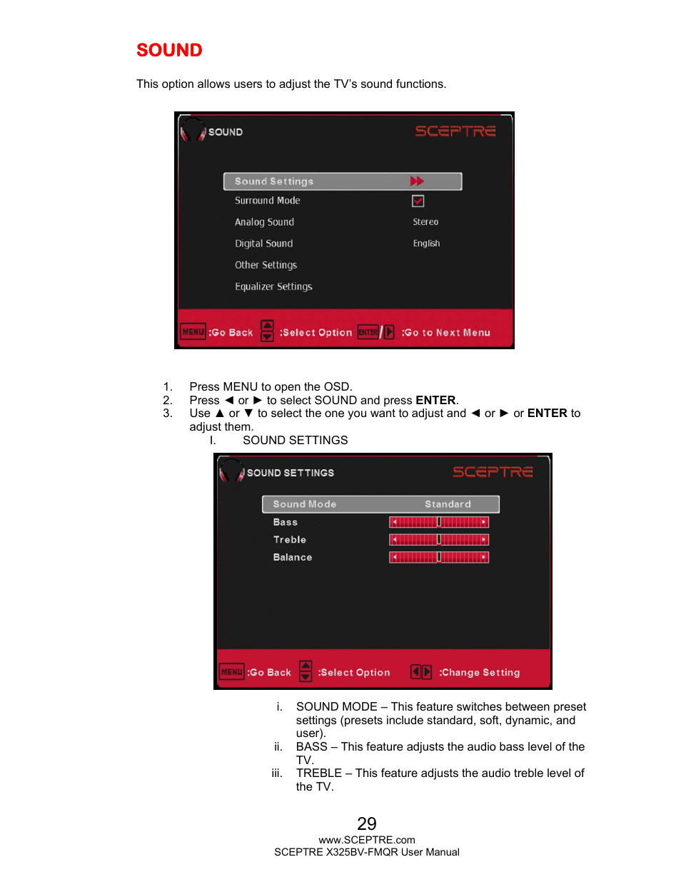 Sound | Sceptre X325BV-FMQR User Manual | Page 29 / 56
