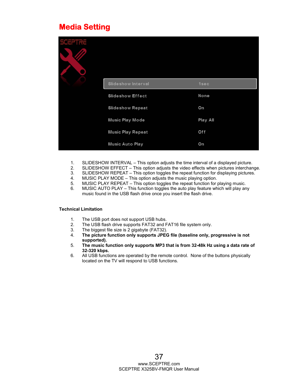 Media setting | Sceptre X325BV-FMQR User Manual | Page 37 / 56