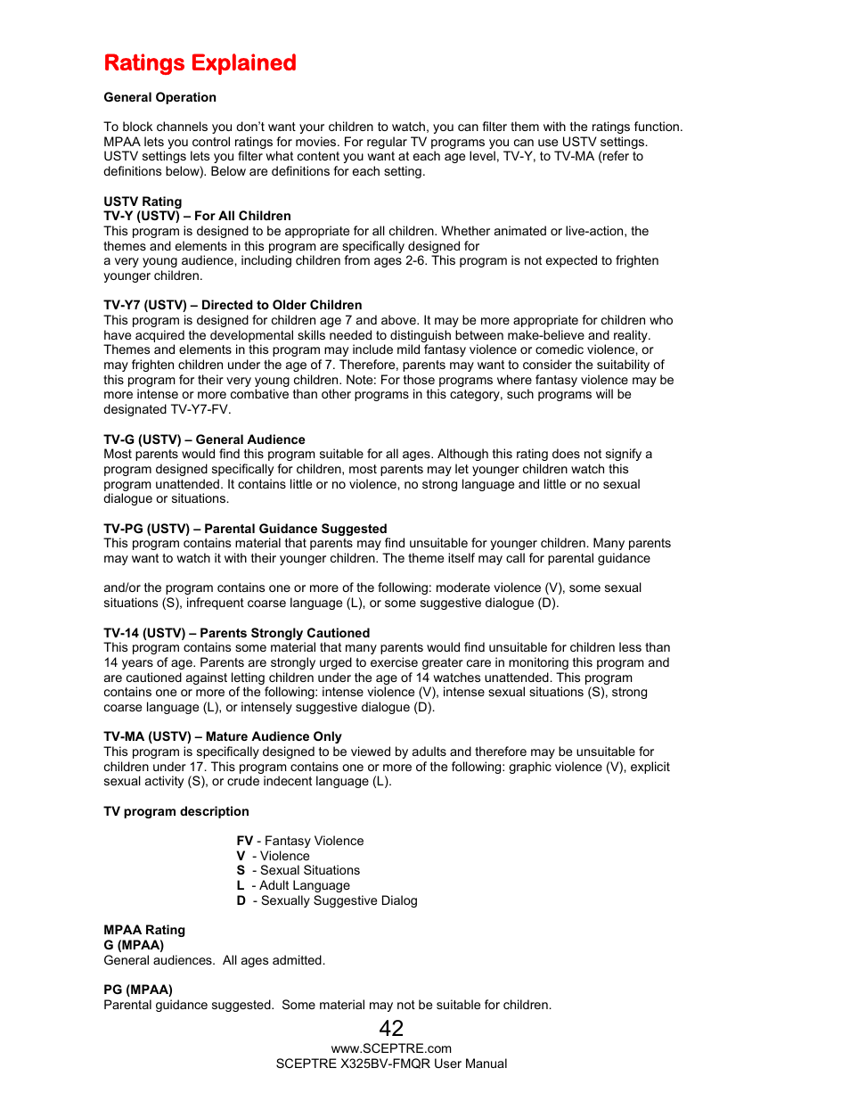 Ratings explained | Sceptre X325BV-FMQR User Manual | Page 42 / 56
