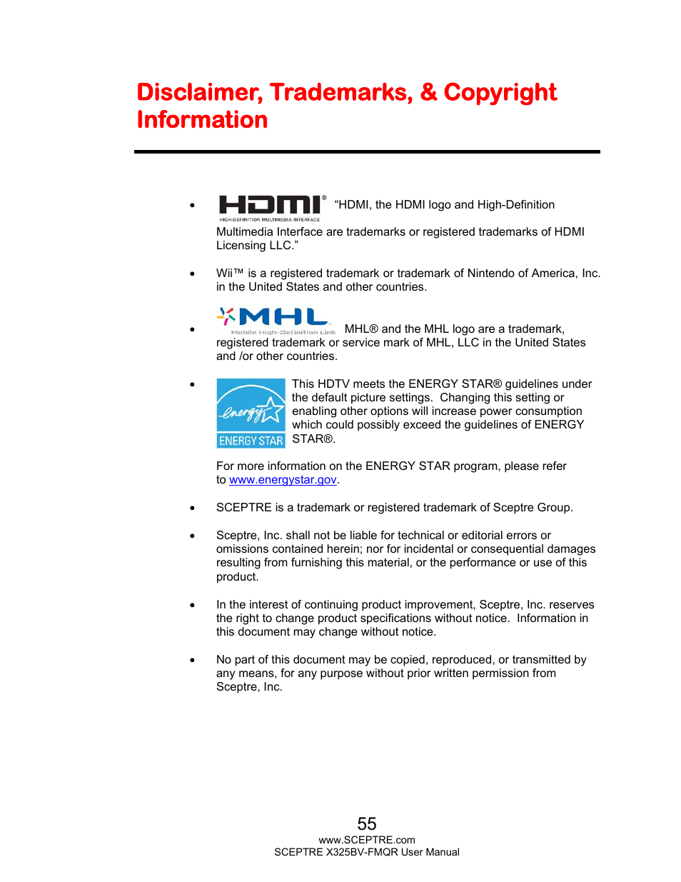 Disclaimer, trademarks, & copyright information | Sceptre X325BV-FMQR User Manual | Page 55 / 56