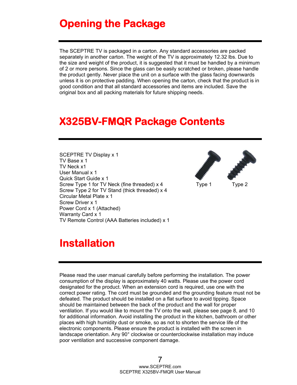 Opening the package, X325bv-fmqr package contents, Installation | Sceptre X325BV-FMQR User Manual | Page 7 / 56